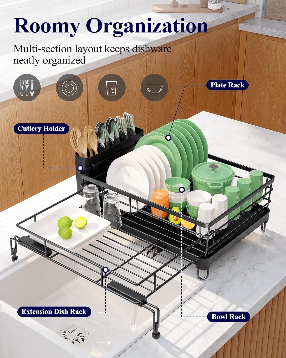 Adjustable Dish Drying Rack, 15.6''-25.2''L × 16.9''W, Black – detail