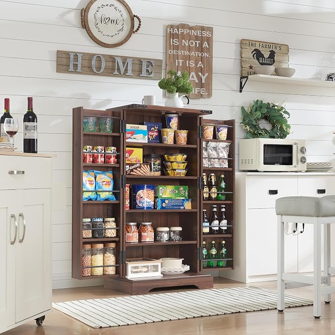 Kitchen Pantry Cabinet, 47 Inch Brown Engineered Wood with Barn Doors