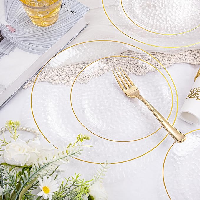 Plates Set for 25 Guests, Clear Gold Plastic Disposable Dinnerware