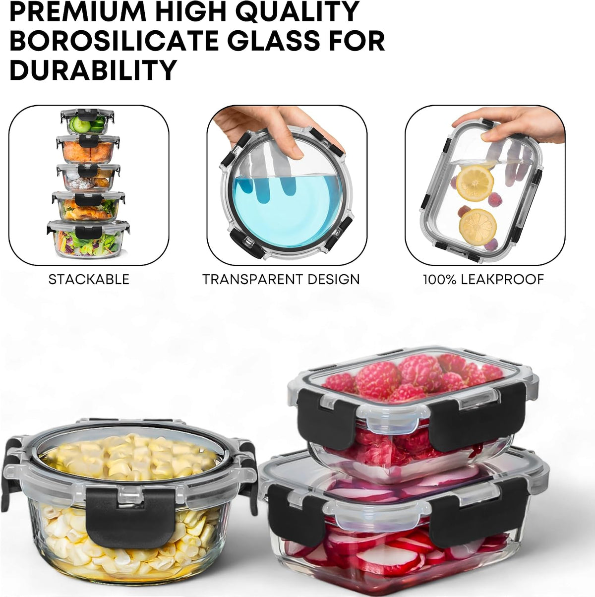 30 PC Glass Food Storage Containers with Lids - Reusable Glass Meal Prep – set view