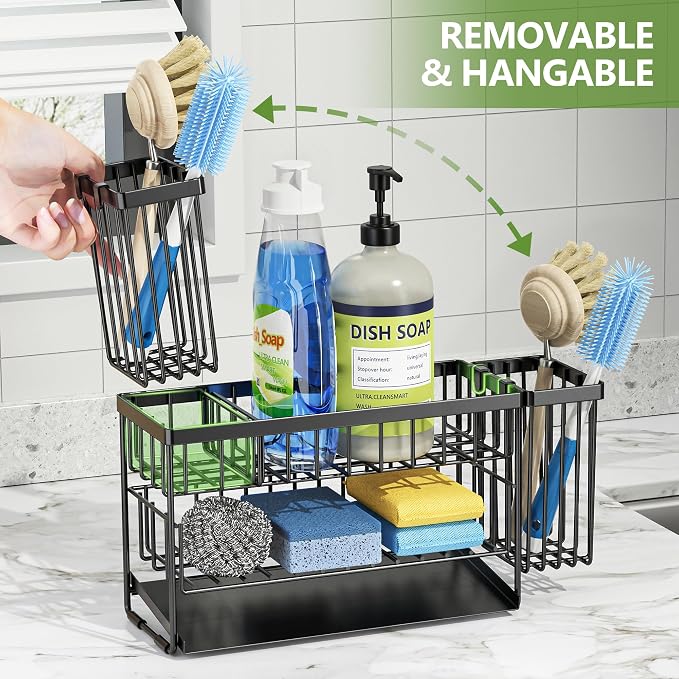 Kitchen Sink Caddy, Stainless Steel 2-Tier Organizer with Brush Holder, Black