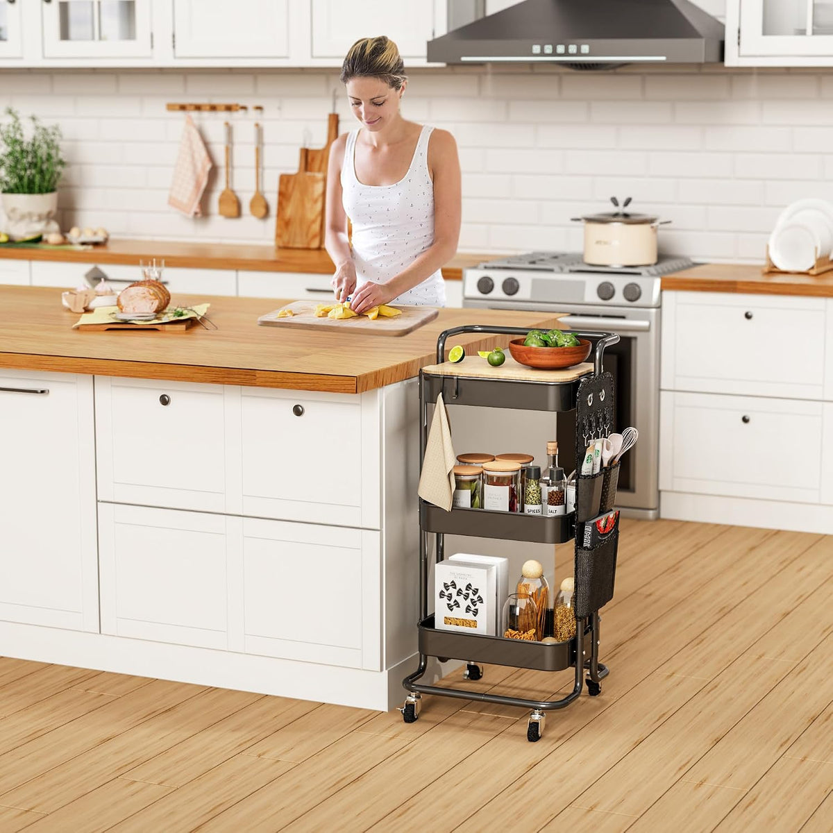 3 Tier Metal Utility Rolling Cart with Table Top and Side Bags, Tray Storage – another angle