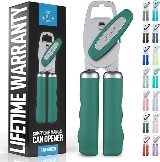 Zulay Kitchen Heavy Duty Stainless Steel Can Opener Manual with Bottle Opener - Rust Proof Manual Can Opener With Turn Knob & Comfy Soft Grip Handles - Pine Green
