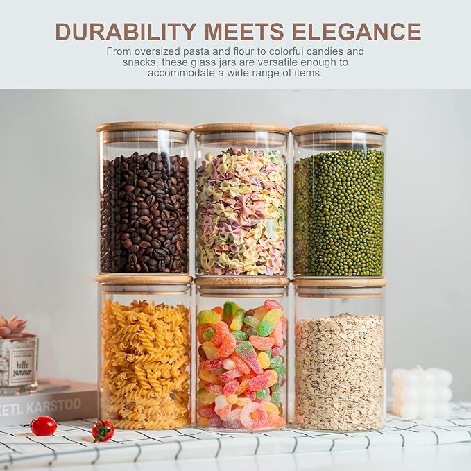 YUNCANG Glass Food Storage Jars 50oz [Set of 6],Clear Glass Food Storage Containers with Airtight Bamboo Lid Stackable Kitchen Canisters for Candy,Cookie,Rice,Sugar,Flour,Pasta