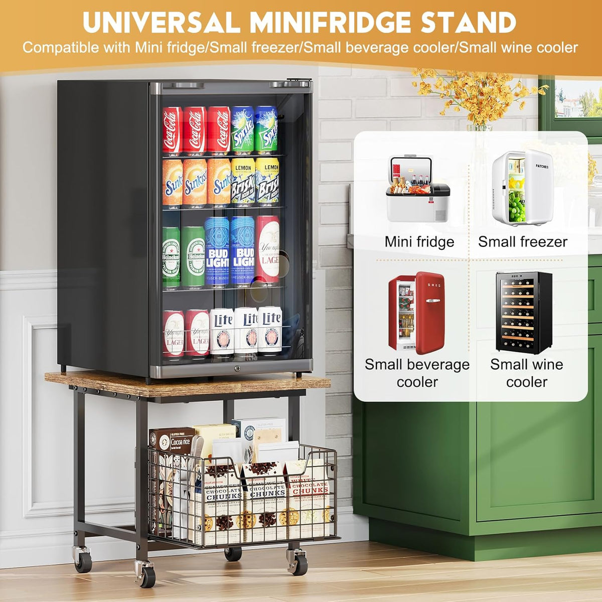 Mini Fridge Stand with Storage, Small Refrigerator Stand with Wheels, Rolling – alternate view