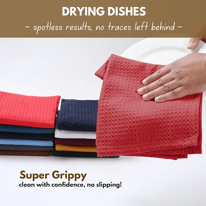 Dish Towels, Waffle Weave, 12 Pack, 100% Cotton, Red