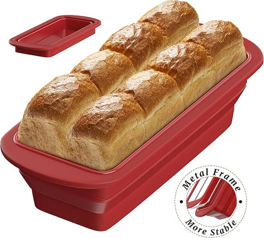 Silicone Bread Loaf Pan With Foldable Function and Metal Reinforced Frame,Rectangular Non-Stick Baking Mold Pans for Oven, Bread, Cake, Easy Release(9"x4"x2.5", Red, 1 Piece)