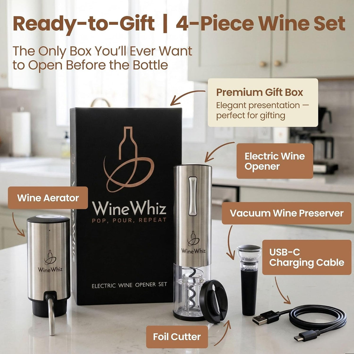 Electric Wine Aerator & Opener Set with Accessories, Rechargeable Automatic – close-up