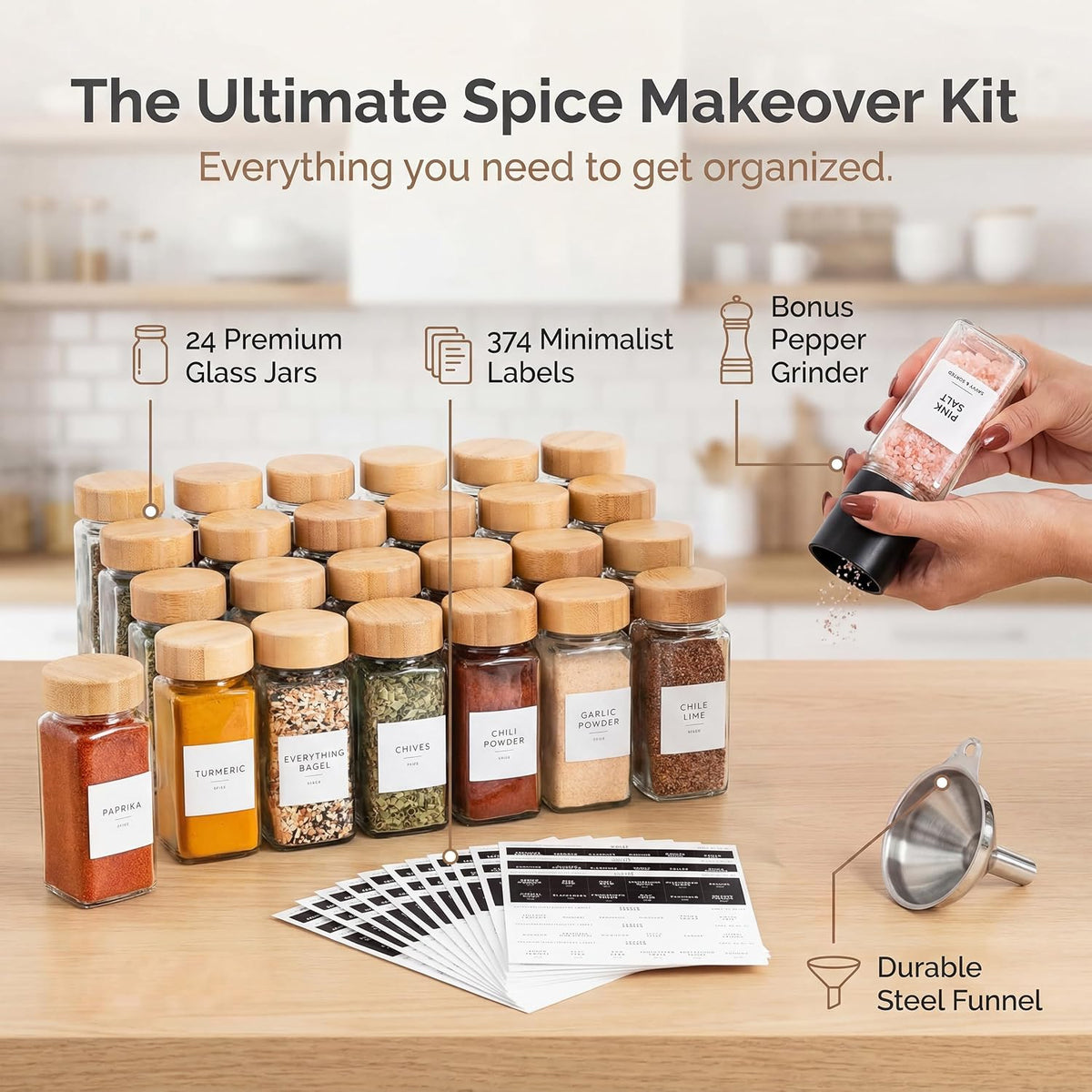 Glass Spice Jars with Label, 24PK Bamboo Jar Spices Set 4oz, 374 Spice Labels – close-up