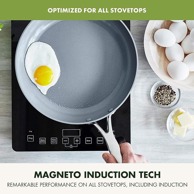 GreenPan Valencia Pro Hard Anodized 3 Piece Fry Pan Skillet Set, Ceramic Nonstick 8" 9.5" and 11" Induction Suitable Frying Pans, PFAS-Free Cookware, Dishwasher Safe, Oven and Broiler Safe, Gray