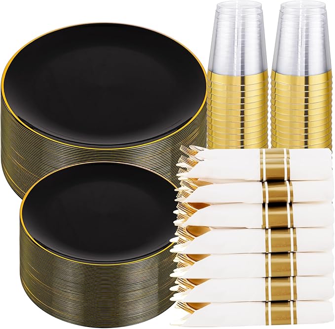 Plates: 9-Inch and 6.3-Inch Black Disposable Plastic Plates with Gold Rim