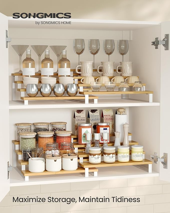 Spice Rack Set, 4-Tier Beige and White Wood Display Riser