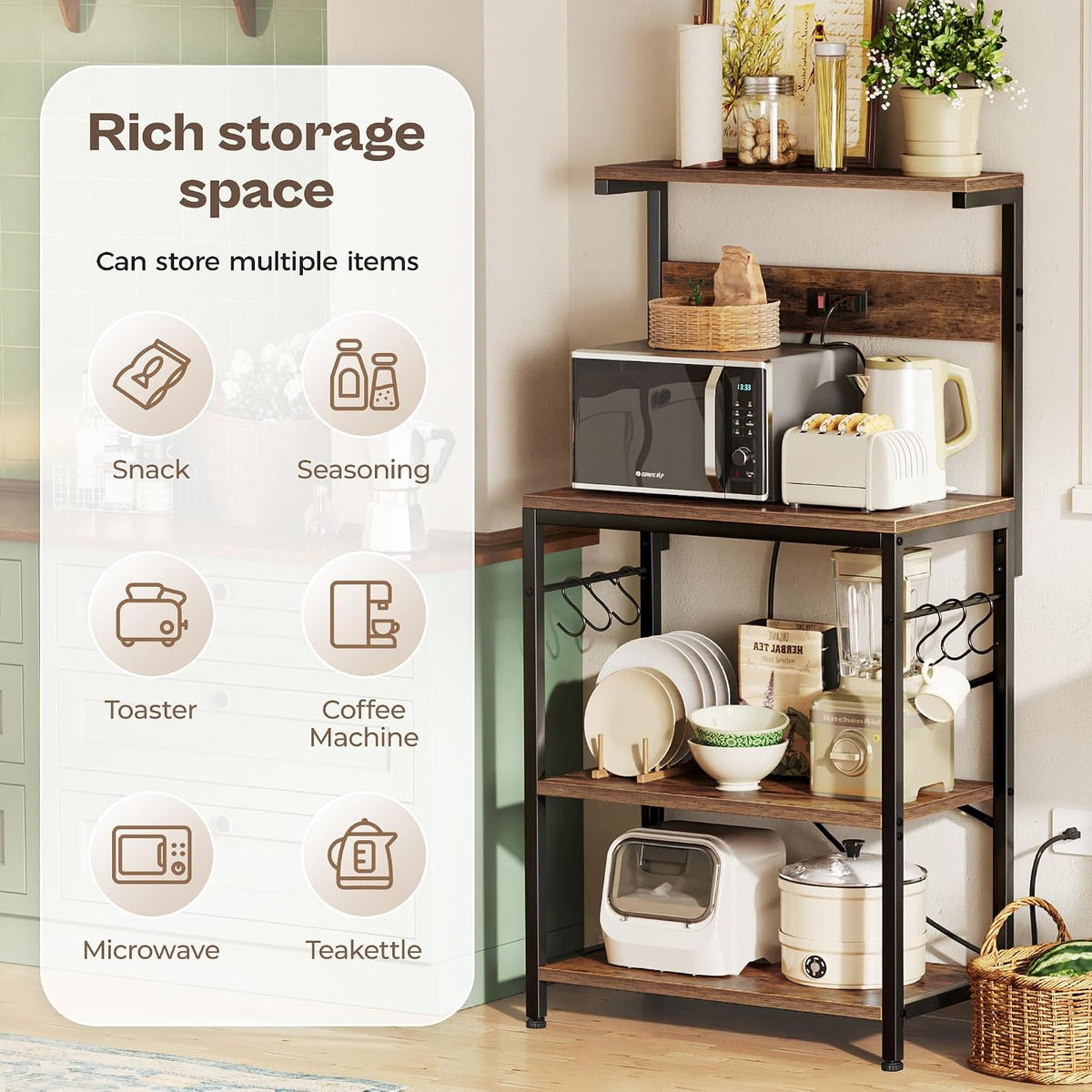 Kitchen Bakers Rack with Power Outlet, Coffee Bar Table 4 Tiers, Kitchen – size reference