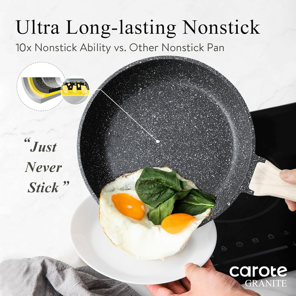 Non Stick Frying Pan, Black 8"+10"+12" Granite Skillet Set – close-up