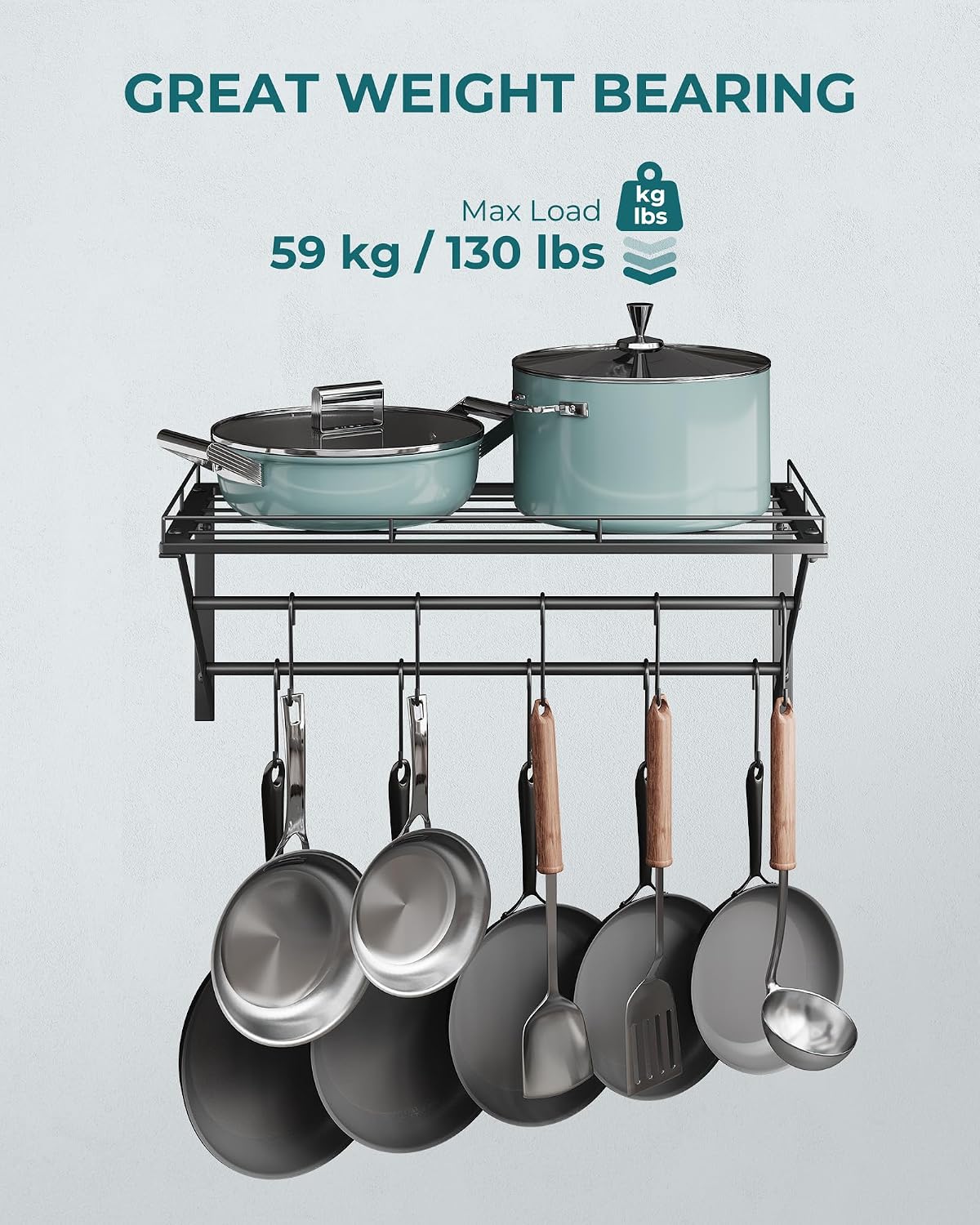 23" Pot Rack Wall Mounted, Pot Organizer with 2 Tier Hanging Rails – close-up