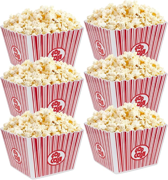 Snack Bowls - Reusable Red and White Plastic Popcorn Containers, 6 Pack
