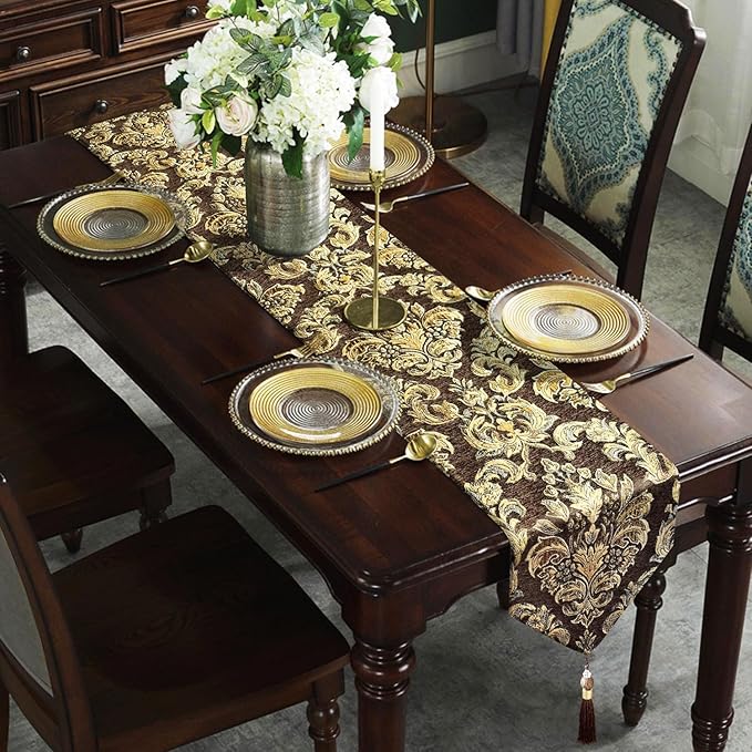 Table Runner, Dark Brown Chenille Floral, 13 x 98 Inch