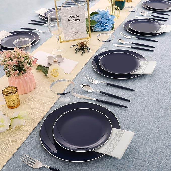 KIRE 175Pcs Blue Plastic Plates with Silver Rim & Disposable Silverware with Blue Handle & Silver-rim Cups & Hand Napkin & Plastic Dinnerware for Parties/Wedding