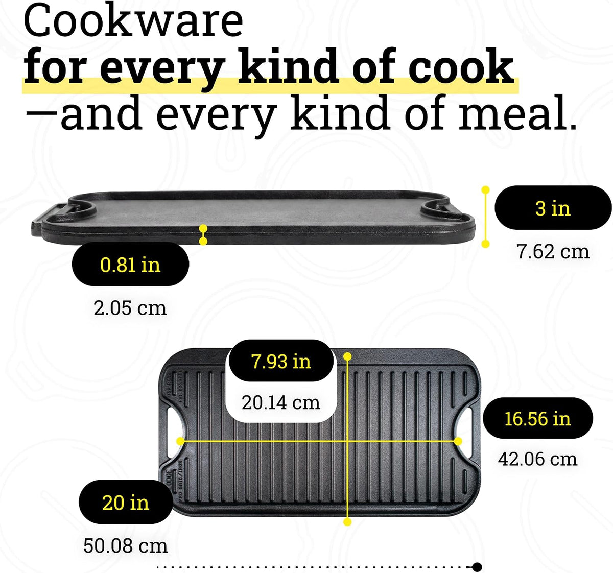 Pro-Grid Reversible Grill/Griddle, PFAS-Free, 20 x 10.5 Inches – size reference