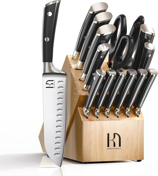Knife Set with Block, Japanese 15 PCS Ultra Sharp Ktichen Knives Set, High Carbon Stainless Steel Knife Block Set with Sharpener, Professional Knives with Ergonomic Handle for Home Chefs