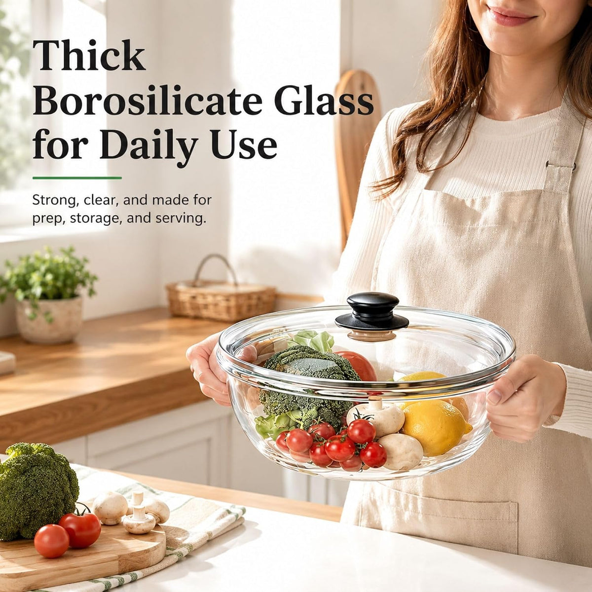6 QT Large Glass Mixing Bowl with Lid for Sourdough Bread Making & Proofing – detail