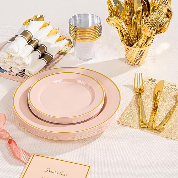 Plates Set, Pink Disposable Plastic with Gold Rim and Heart Pattern