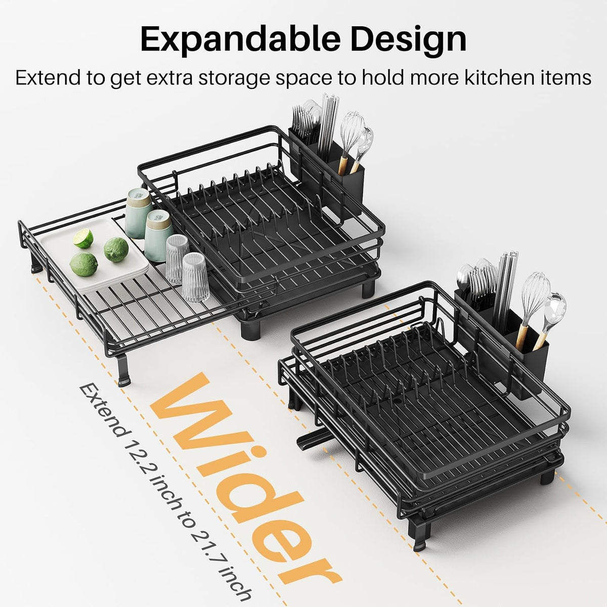Expandable Dish Drying Rack for Kitchen Counter, Stainless Steel, Black – alternate view