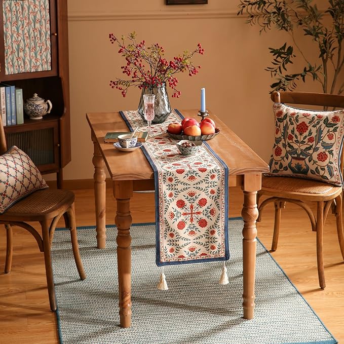 Table Runner, 12 x 102 Inch, Coffee Floral Polyester Linen Blend