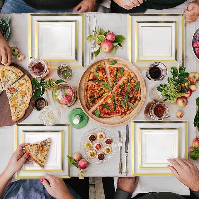 Plates Set, 352-Piece Clear Square Plastic with Gold Rim for 50 Guests