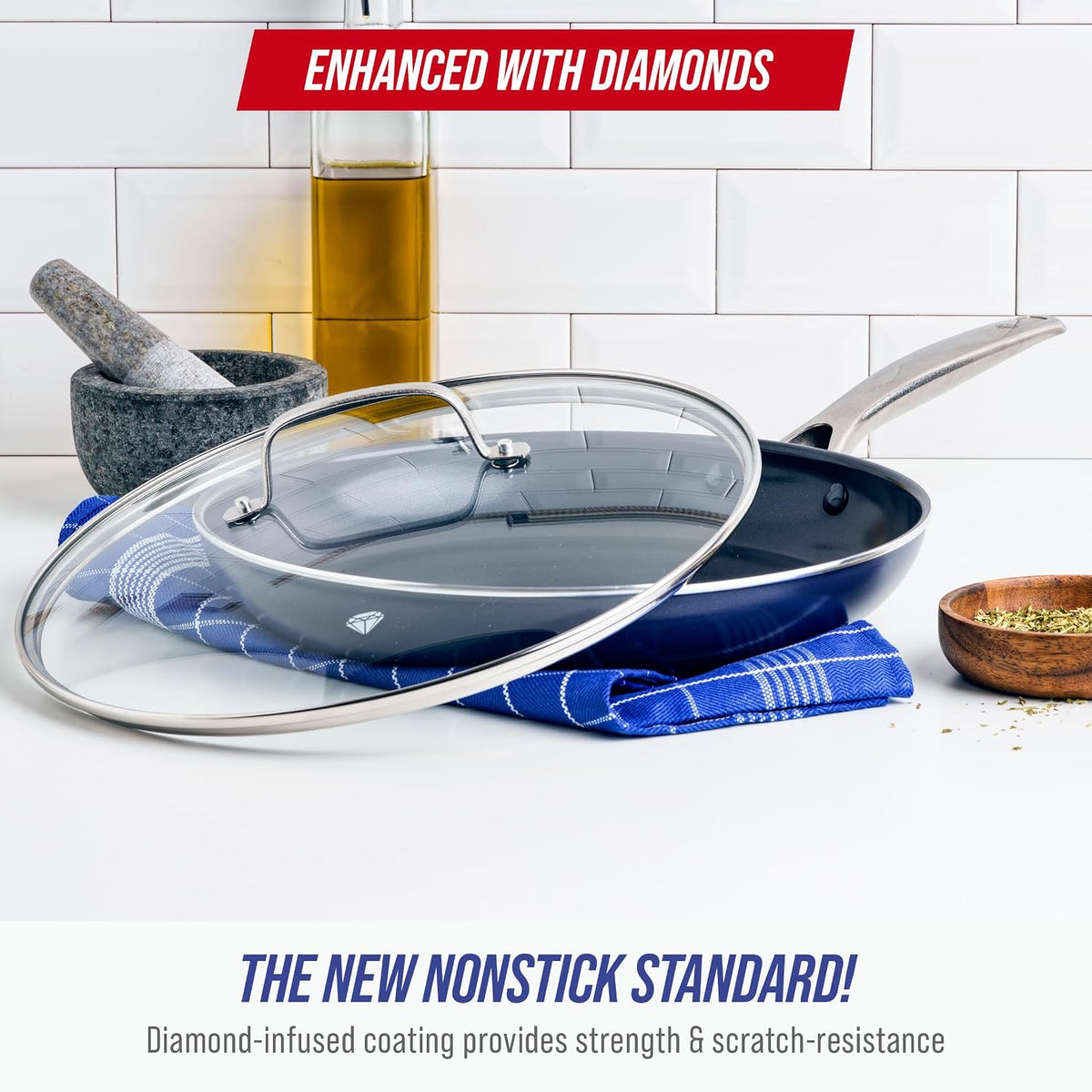 12” Nonstick Frying Pan Skillet with Lid, Diamond Infused Ceramic Nonstick Pots – detail