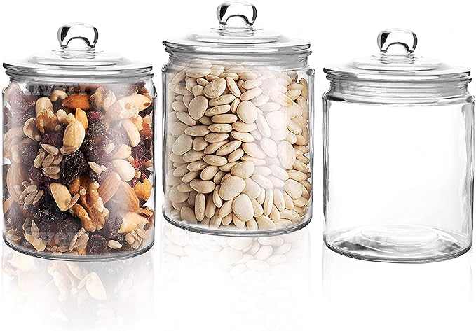 Food Jar Canisters with Lids, Set of 3, 1 Liter Clear Glass