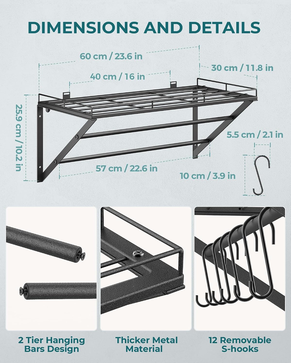 23" Pot Rack Wall Mounted, Pot Organizer with 2 Tier Hanging Rails – alternate view