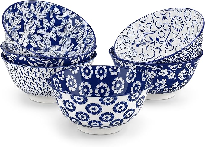 Porcelain Cereal Bowls Set of 6, 24 oz Blue Floral Design