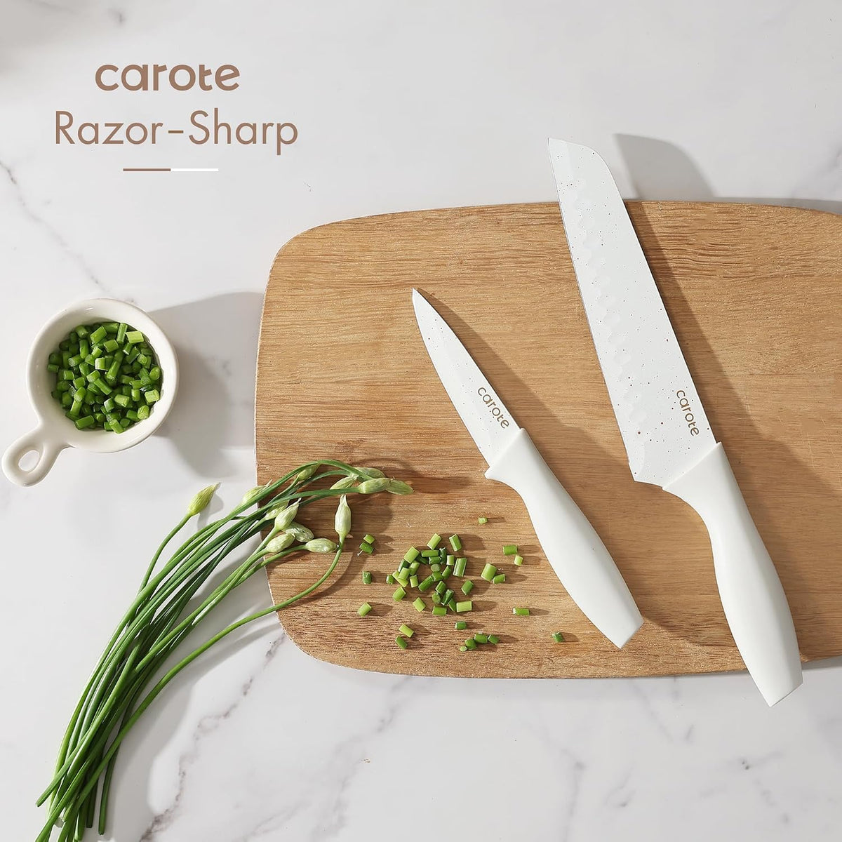 15-Piece Knife Set, Wood Block with Built-In Sharpener, Cream – features