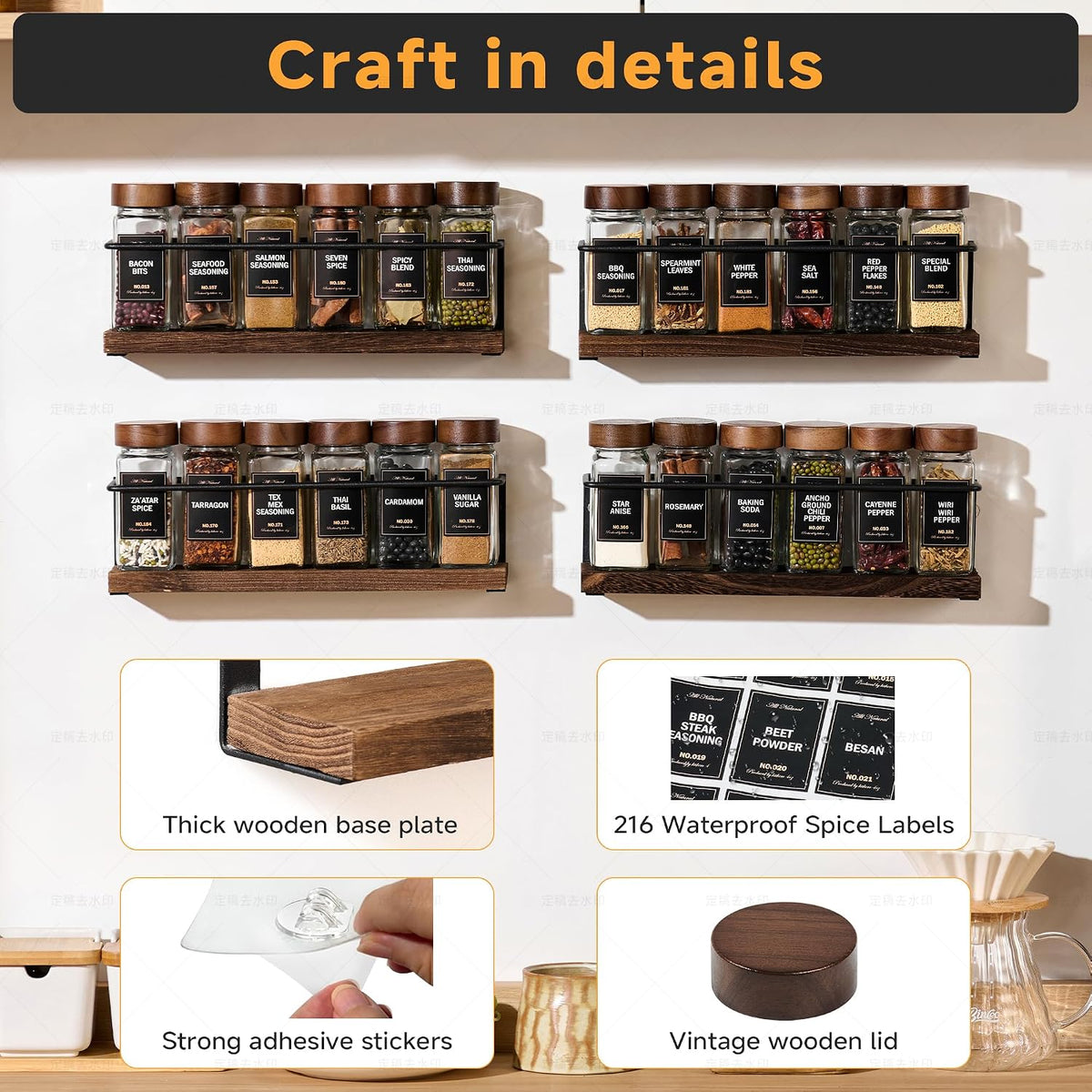 4-Tier Wall Mount Spice Rack Organizer with 24 Glass Jars, 216 Labels & Funnel – alternate view
