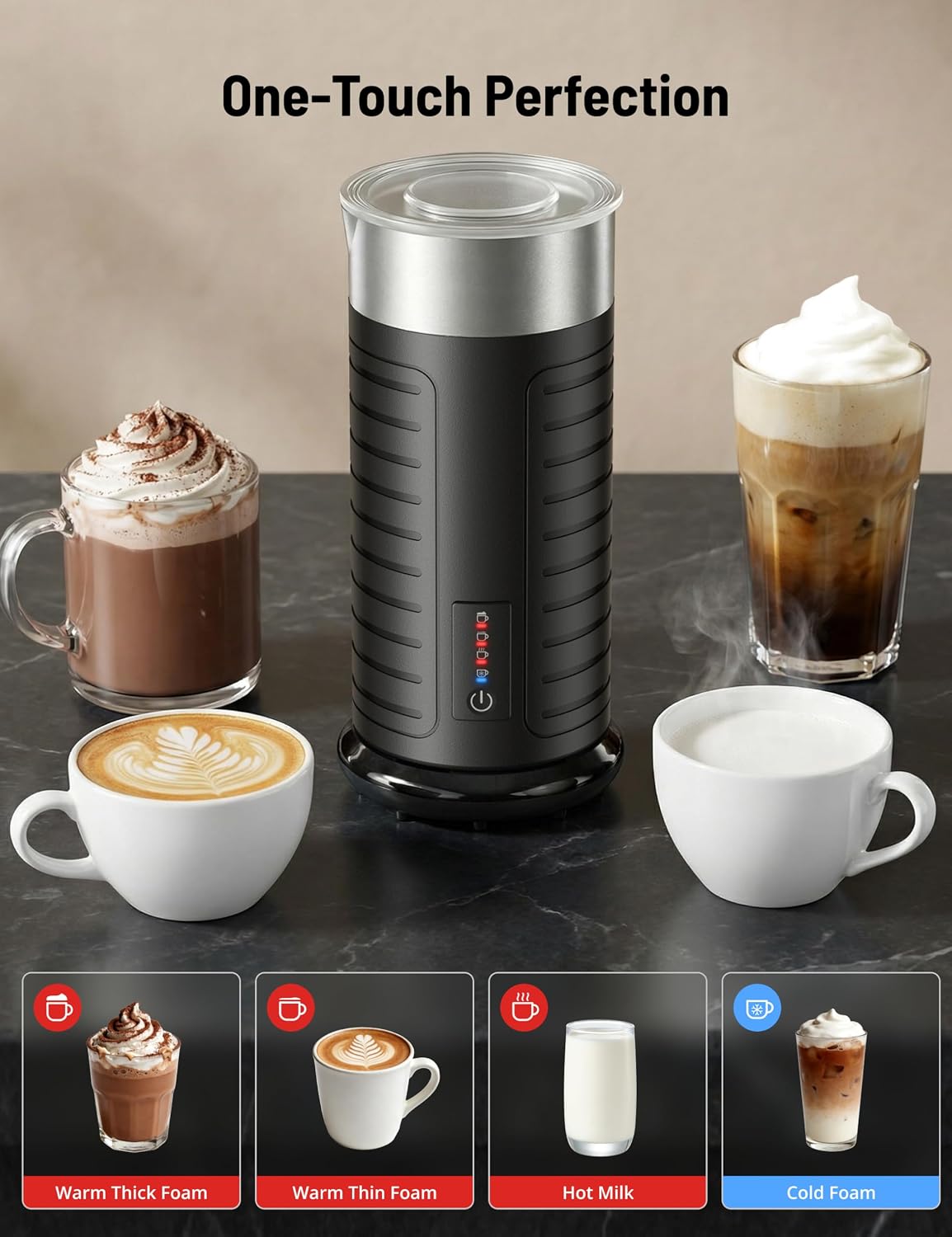 Waterproof Milk Frother and Steamer, 4-in-1 Hot/Cold Foam Maker – size reference