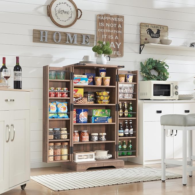 Pantry Cabinet with Barn Doors and Adjustable Shelves, Rustic Brown