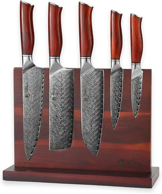 Wakoli Red Knife Block Set – 5-Piece Professional Damascus Kitchen Knife Set with Magnetic Block | 67-Layer Damascus Steel with VG10 Core | Ergonomic Rosewood Handles | Gift Box (Rose Elegance)