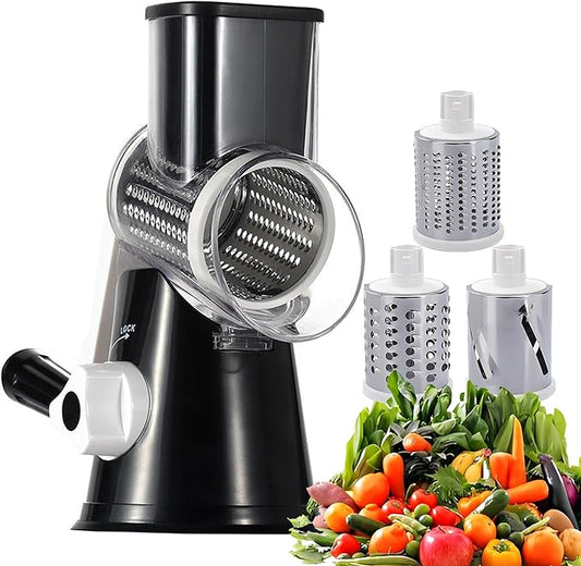 Rotary Cheese Grater, Cheese Grater Hand Crank, With Suction Base, Easy Cleaning With 3 Stainless Steel Interchangeable Drum Blades, Black