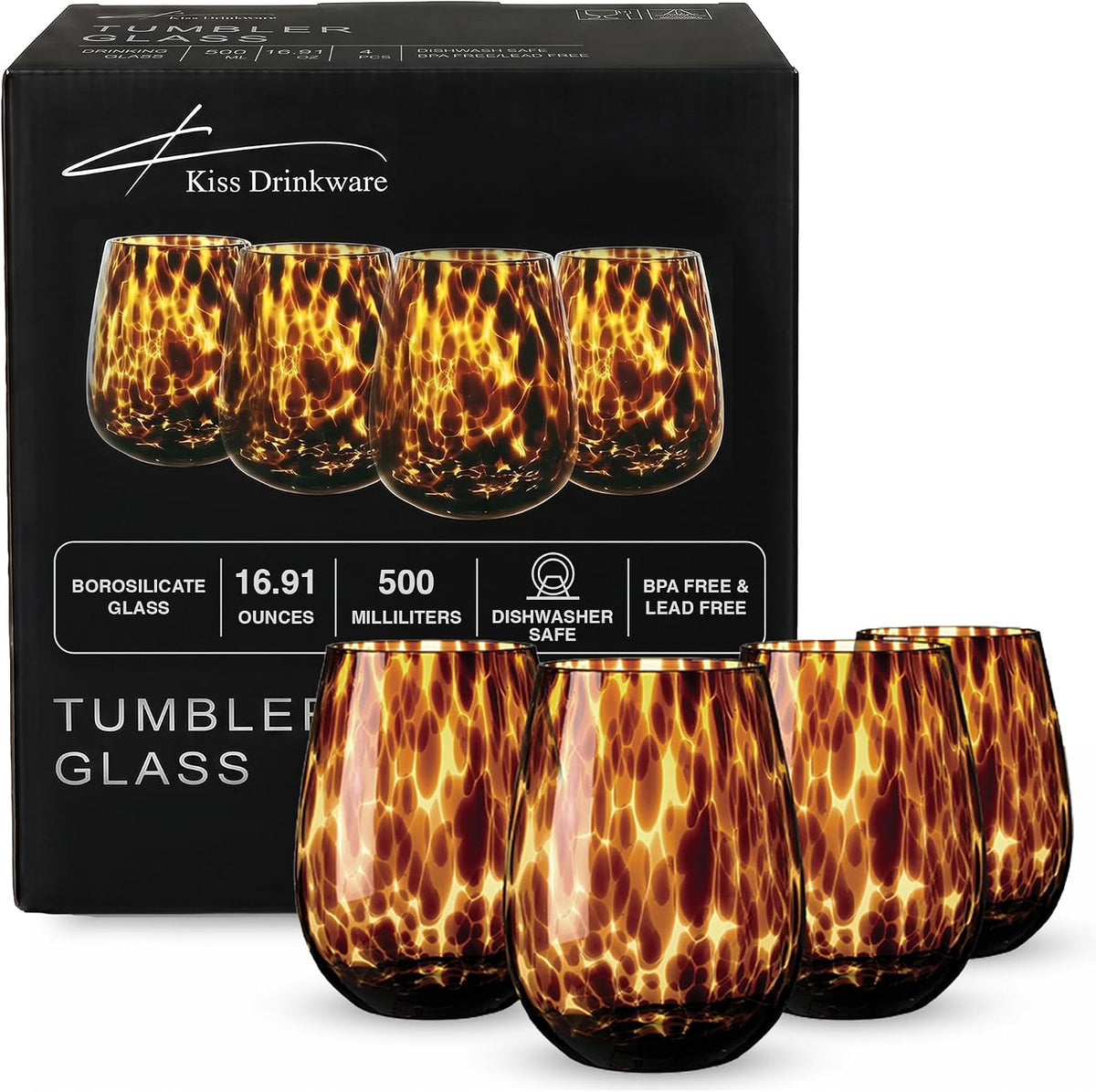 Tortoise Shell Stemless Wine & Water Glass Set of 4 – 16.91 oz Borosilicate