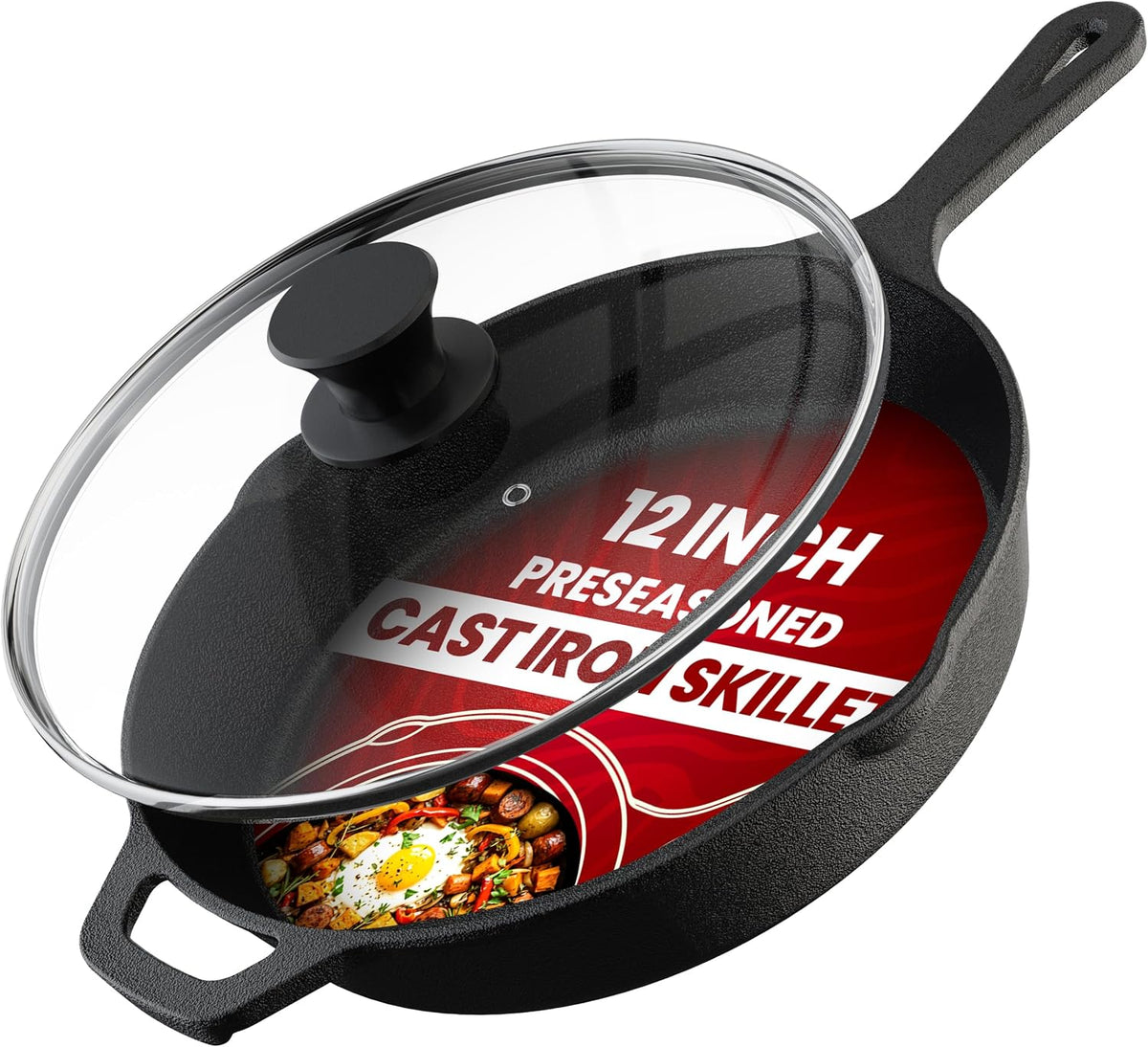 Cast Iron Skillet 12 Inch with Lid Chefs Frying Pan Black