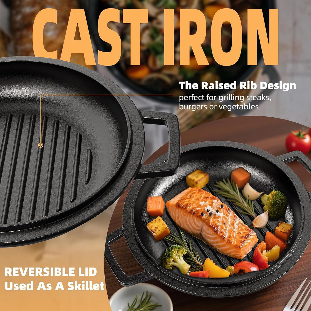 Cast Iron Dutch Oven Pot with Skillet Lid – Pre-Seasoned – Skillet Lid Cooking – size reference