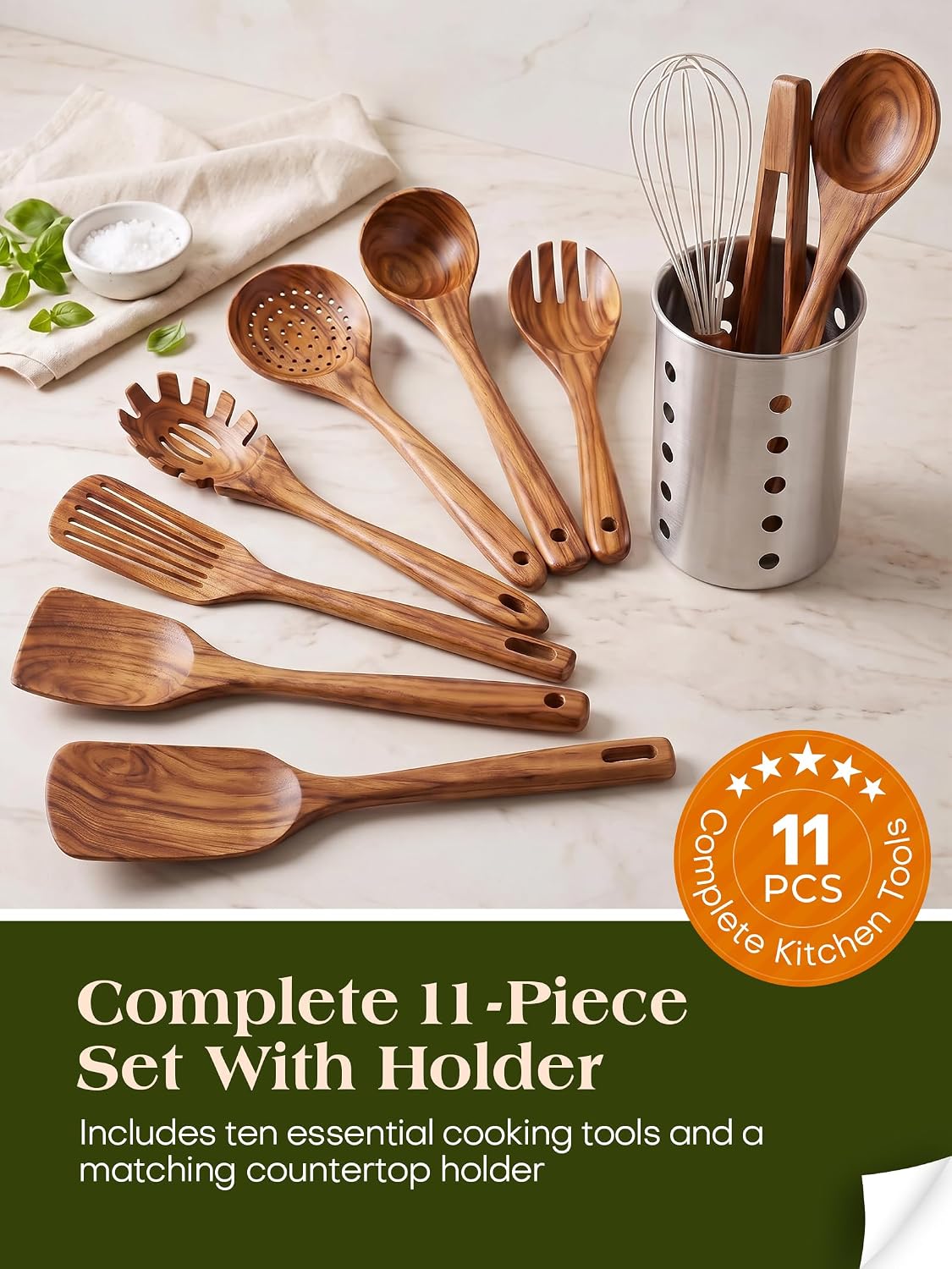 11‑Piece Natural Teak Wood Kitchen Utensil Set with Holder, Non‑Toxic Cooking – another angle