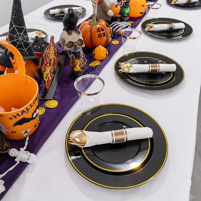 Plastic Party Plates Set in Black and Gold, 175 Pieces for 25 Guests