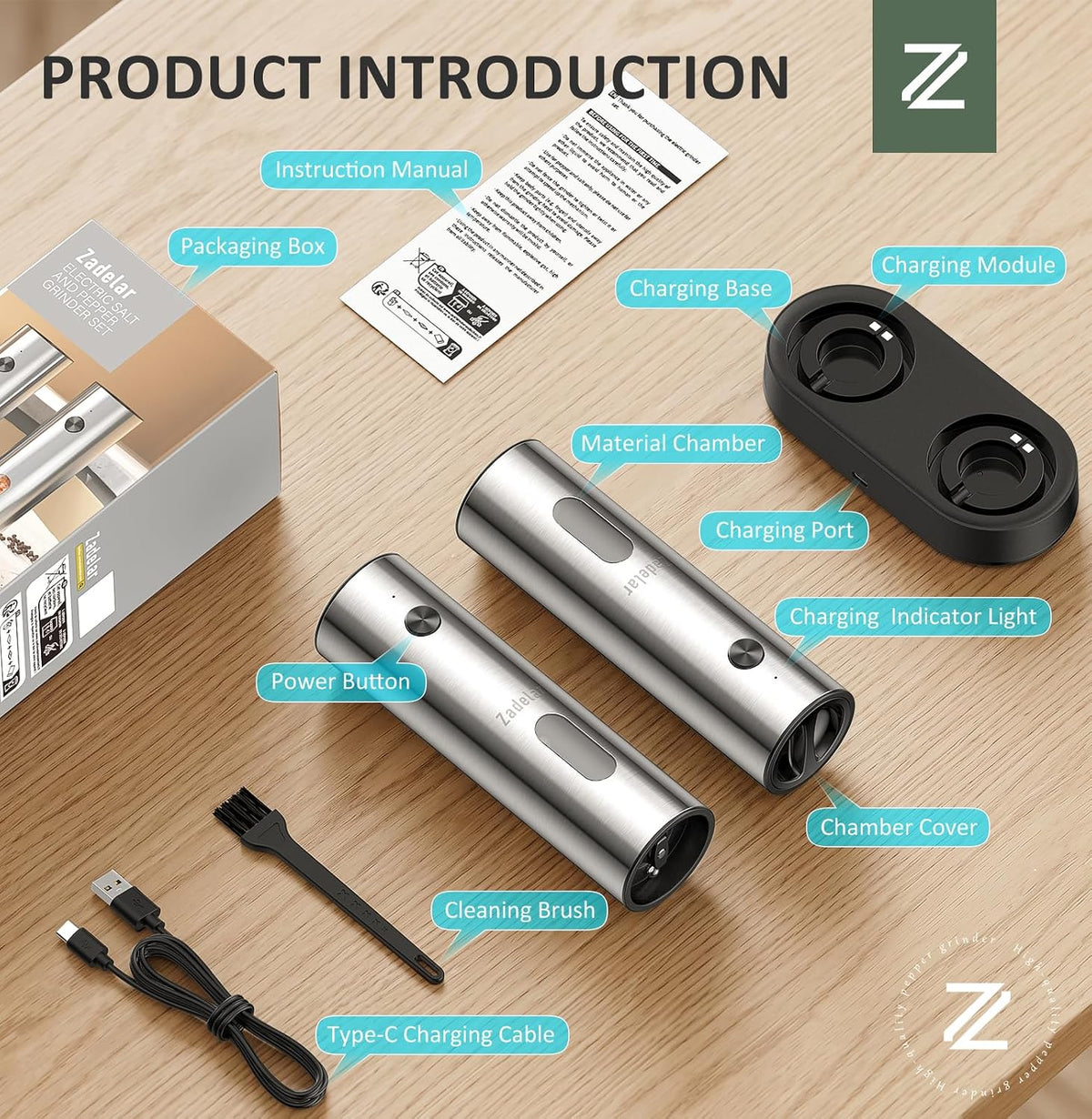 Rechargeable Electric Salt and Pepper Grinder Set with USB-C Charging Base – set view