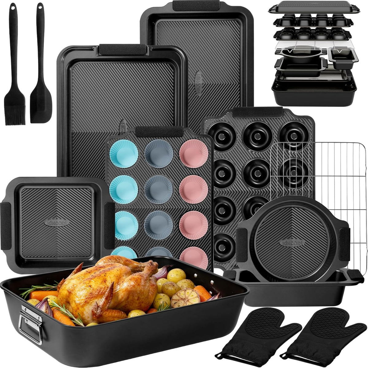 25-Piece Nonstick Baking Pans Set with Large Turkey Roasting Pan, Stackable