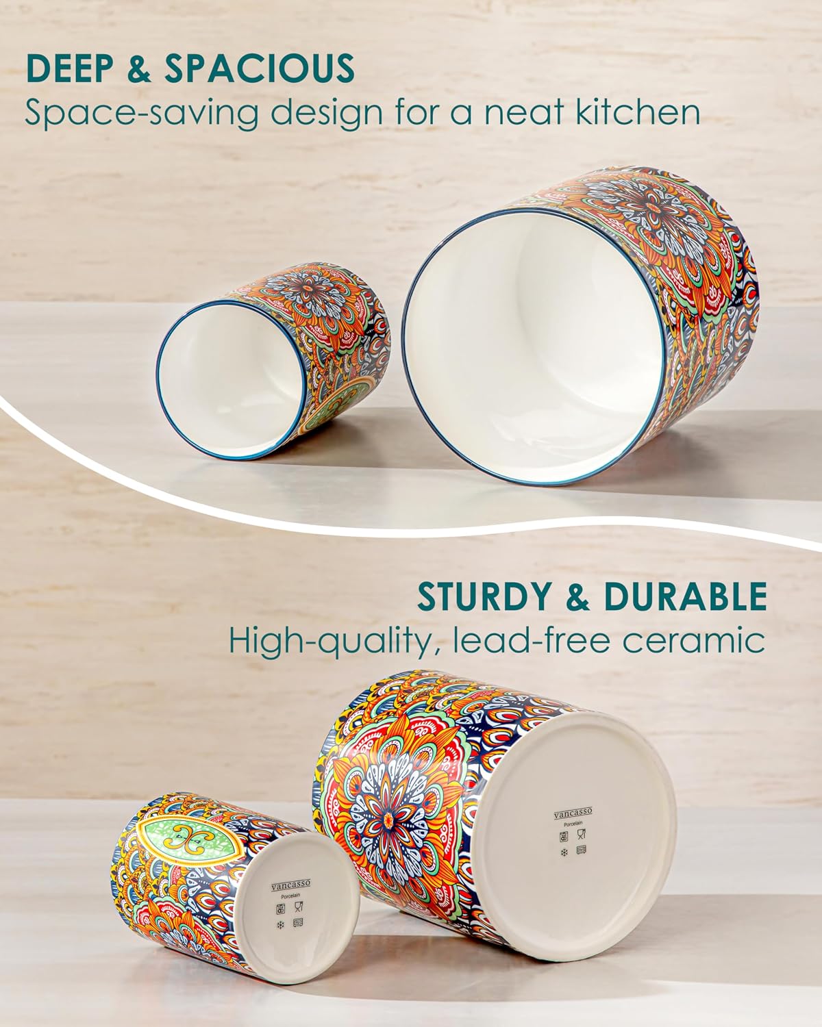 7.3"+5.5" Utensil Holder, Porcelain Utensil Holder for Countertop – set view
