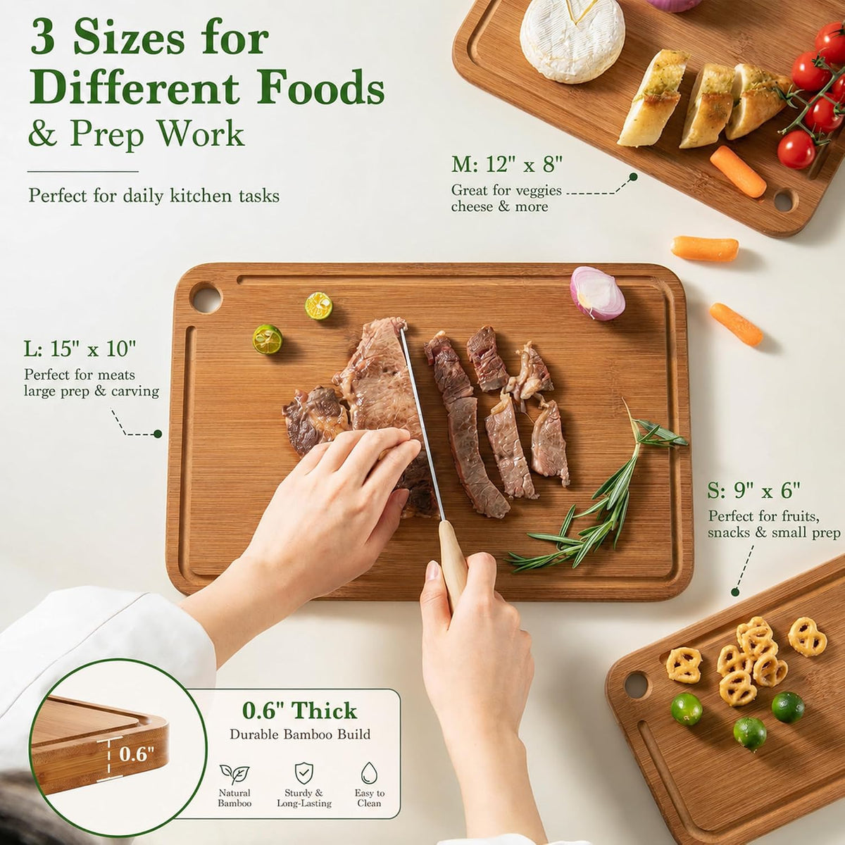 Bamboo Cutting Board 3-Piece Wooden Cutting Board & Knife Sets for kitchen – detail