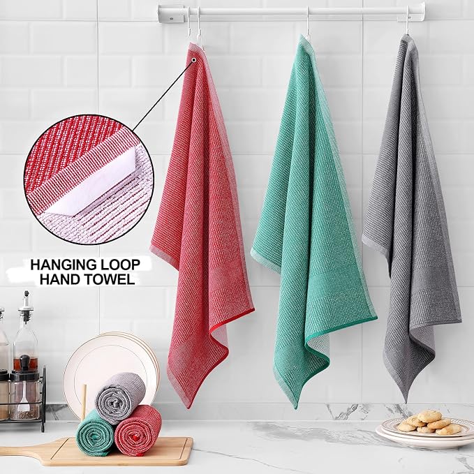 Dish Towels 6 Pack, 100% Cotton 18 x 28 in, Grey/Red/Green Set