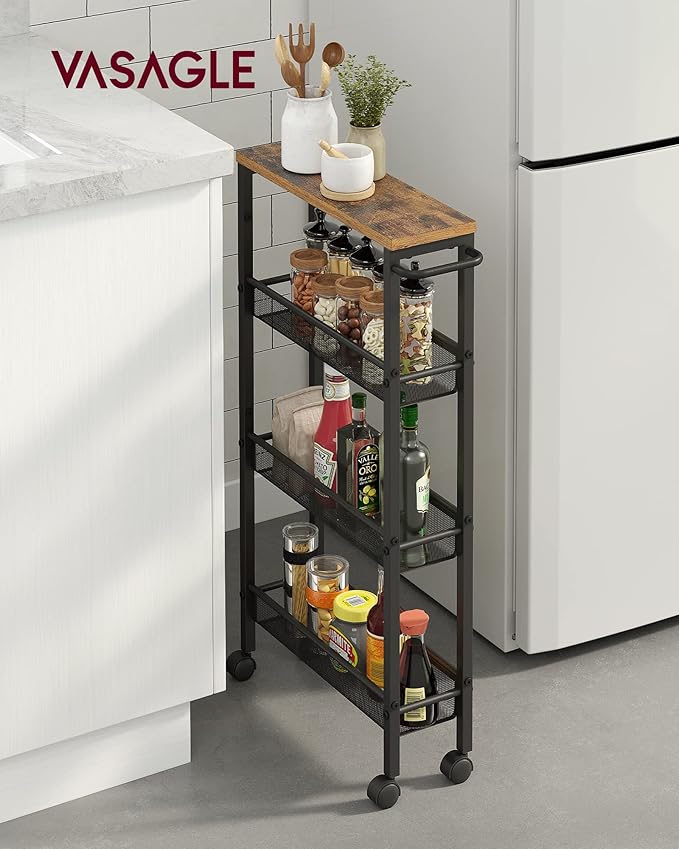 VASAGLE Slim Rolling Cart, 4-Tier Narrow Storage Cart with Handle, 5.1 Inches Deep, Metal Frame, for Kitchen, Dining Room, Living Room, Home Office, Rustic Brown and Classic Black ULRC032B01V1